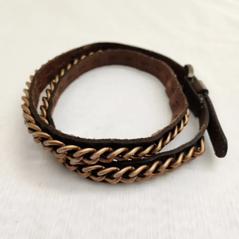 Banana Republic Belt Women's M Brown Genuine Leather Copper Chain Biker Belt